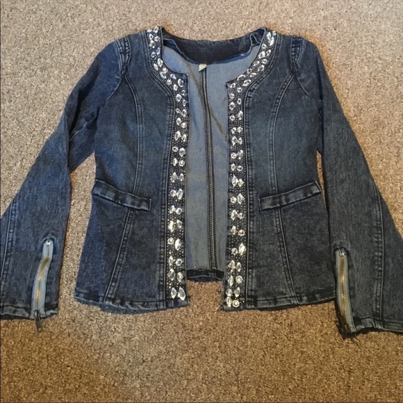 VINTAGE RHINESTONE TRIM DENIM BLAZER JACKET - Picture 1 of 4
